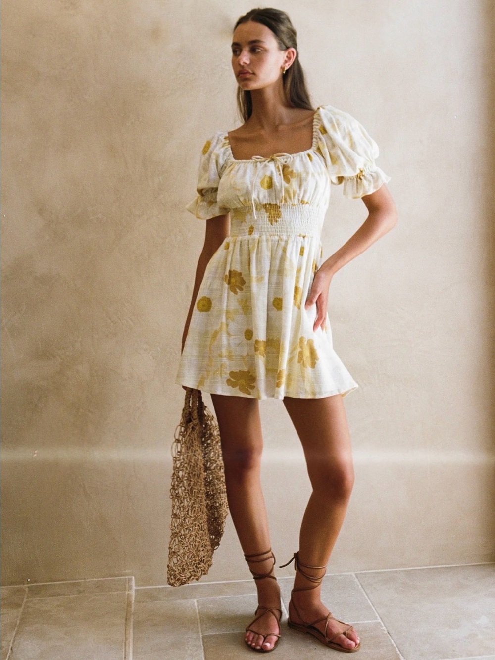 SABO Alena Smocked Off-The-Shoulder Mini Dress Yellow/White Floral Women's XS